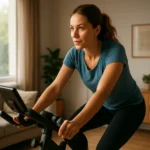 Žena cviči na stacionárnom bicykli v domácnosti.