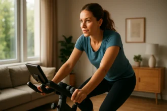 Žena cviči na stacionárnom bicykli v domácnosti.