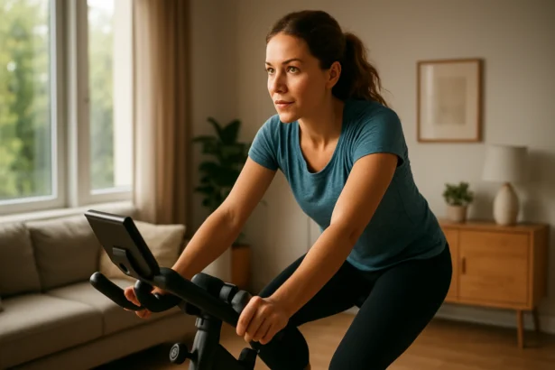 Žena cviči na stacionárnom bicykli v domácnosti.