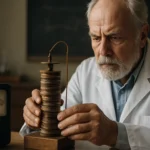 Vedec študuje Voltov článok, revolučný zdroj elektrickej energie.