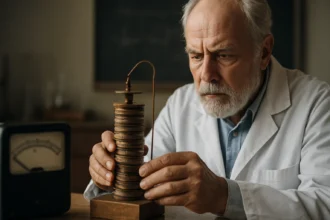 Vedec študuje Voltov článok, revolučný zdroj elektrickej energie.