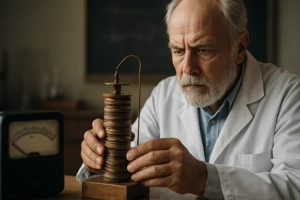 Vedec študuje Voltov článok, revolučný zdroj elektrickej energie.