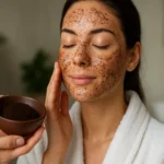 Žena s peelingom z kávy na tvári, ktorý zlepšuje pleť