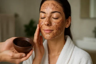 Žena s peelingom z kávy na tvári, ktorý zlepšuje pleť