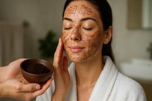 Žena s peelingom z kávy na tvári, ktorý zlepšuje pleť