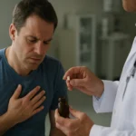 Muž pociťuje bolesť na hrudi, lekár mu podáva nitroglycerín.