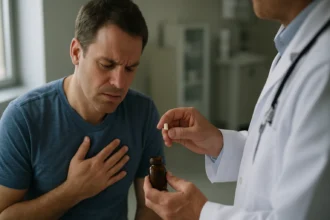 Muž pociťuje bolesť na hrudi, lekár mu podáva nitroglycerín.