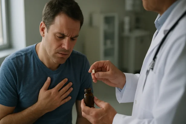 Muž pociťuje bolesť na hrudi, lekár mu podáva nitroglycerín.