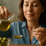 Žena nalieva olivový olej do lyžice, vedľa sú zelené olivy.