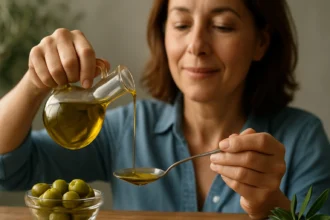 Žena nalieva olivový olej do lyžice, vedľa sú zelené olivy.