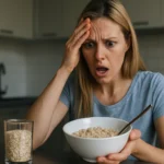 Žena prekvapená obsahom ovsených vločiek pred sebou