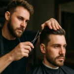 Mužské vlasy strihajúceho profesionálneho holiča