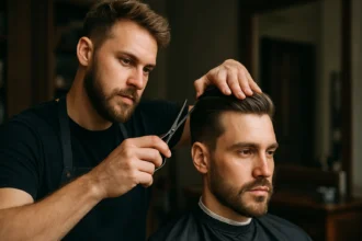 Mužské vlasy strihajúceho profesionálneho holiča