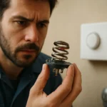 Muž zkoumá bimetalový termostat v ruce