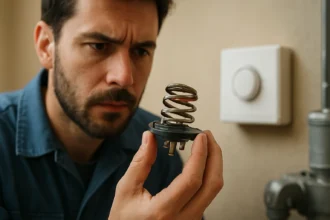 Muž zkoumá bimetalový termostat v ruce