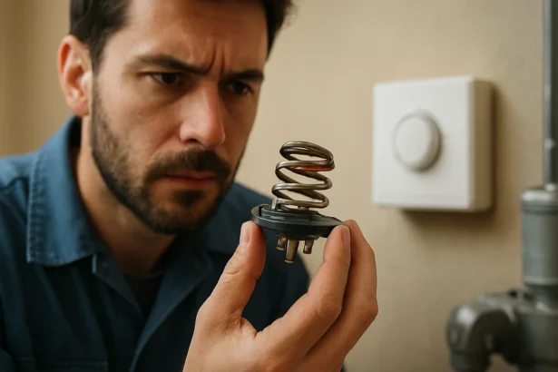 Muž zkoumá bimetalový termostat v ruce