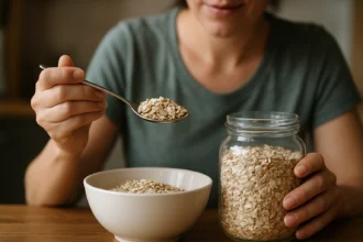 Žena drží lyžicu ovsených vločiek pred miskou a sklenenou nádobou.