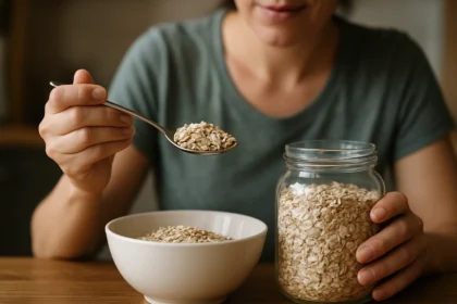 Žena drží lyžicu ovsených vločiek pred miskou a sklenenou nádobou.