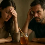 Dvojica znepokojených ľudí s medom na stole