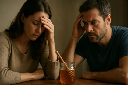 Dvojica znepokojených ľudí s medom na stole