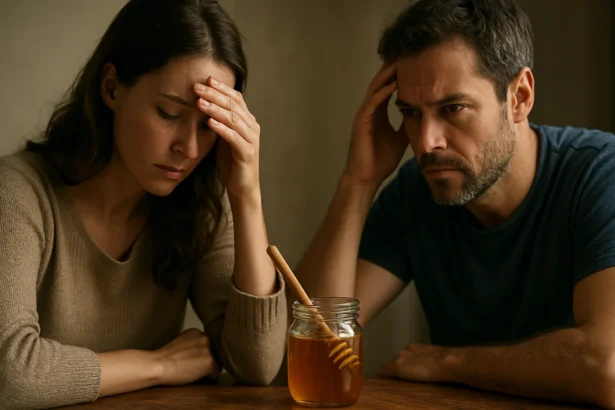 Dvojica znepokojených ľudí s medom na stole