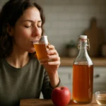 Žena pije jablčný ocot, vedľa ňu jablko a fľaša s octom.