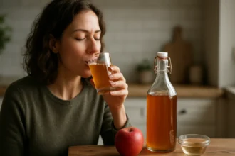 Žena pije jablčný ocot, vedľa ňu jablko a fľaša s octom.