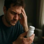 Muž s bolesťou hlavy drží fľašu s liekmi na duševné zdravie.