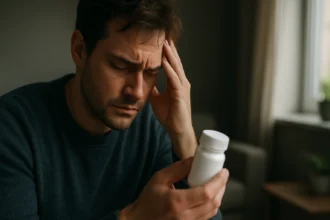 Muž s bolesťou hlavy drží fľašu s liekmi na duševné zdravie.