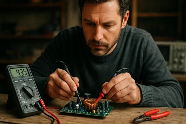 Muž testujúci DC-DC konvertor s multimetrom v elektronickej dielni.