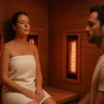Pár relaxuje v infračervenej saune, obklopený teplom a svetlom.