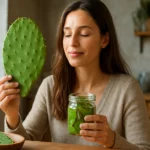 Žena s nopal kaktusom a pohárom zdravej šťavy doma.