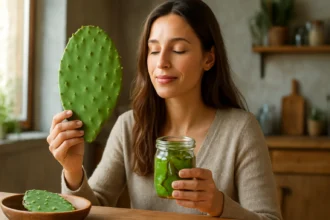 Žena s nopal kaktusom a pohárom zdravej šťavy doma.