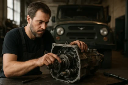 Mechanik opravuje prevodovku UAZ v dielni