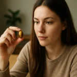 Žena skúma výživový doplnok sokolí oko pre lepší zrak a sústredenie.