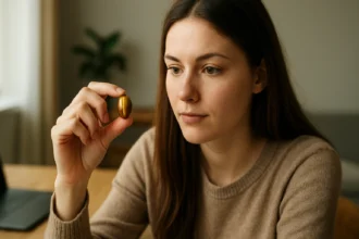 Žena skúma výživový doplnok sokolí oko pre lepší zrak a sústredenie.