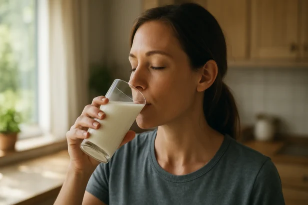 Žena si vychutnáva kyslé mlieko v pohodlnom prostredí doma.