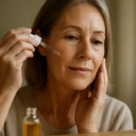 Žena nanesie sérum na pleť pre omladenie a hydratáciu.