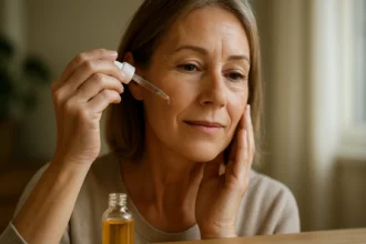 Žena nanesie sérum na pleť pre omladenie a hydratáciu.