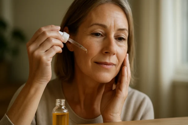 Žena nanesie sérum na pleť pre omladenie a hydratáciu.