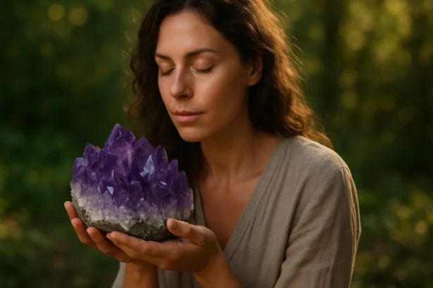 Žena s ametystom, ktorý predstavuje liečivú silu a energiu prírody.