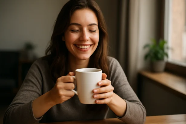 Žena sa smeje a drží šálku čaju, vyžarujúc pozitívnu energiu.