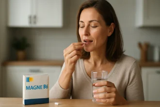 Žena užívajúca Magne B6 s pohárom vody pre zlepšenie zdravia.