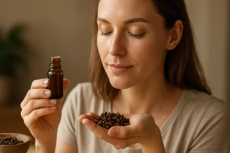Žena skúma klinčekový olej a jeho účinky na zdravie.