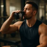 Muž v posilňovni pije nápoj Amino 5600 pre zlepšenie výkonu.