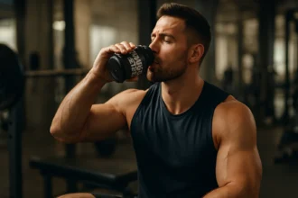 Muž v posilňovni pije nápoj Amino 5600 pre zlepšenie výkonu.