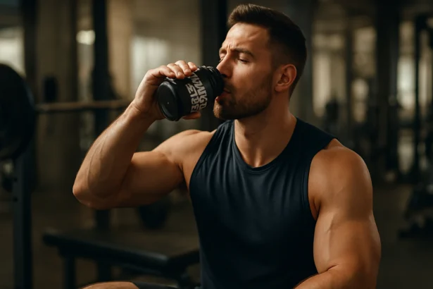 Muž v posilňovni pije nápoj Amino 5600 pre zlepšenie výkonu.