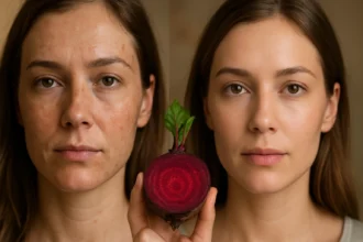 Žena pred a po použití cvikly na pleť rámovanej cviklou.