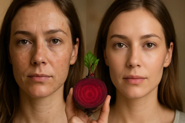 Žena pred a po použití cvikly na pleť rámovanej cviklou.