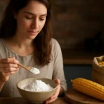 Žena drži kukuričný škrob v miske a lyžicu.